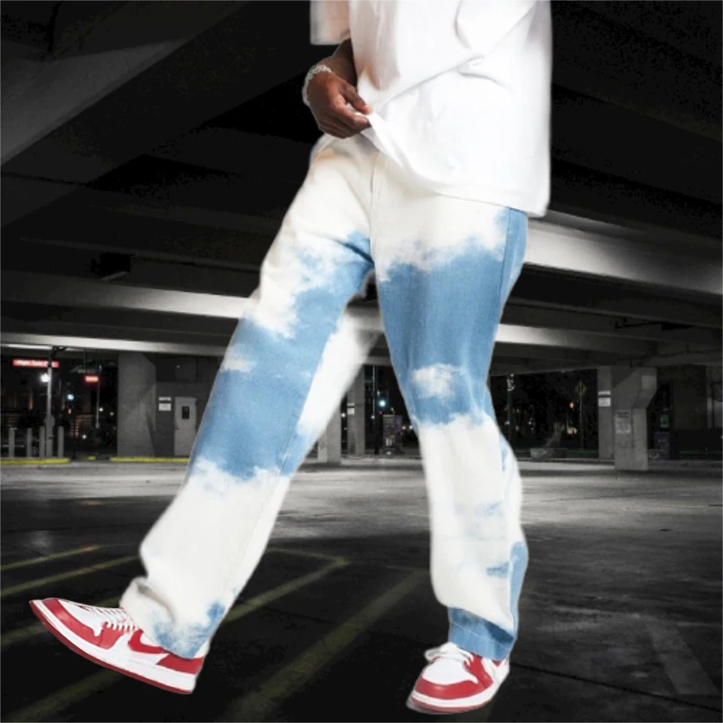 European And American Men's Loose Jeans Blue And White Moire Fashion Breathable Straight Pants Hip Hop Casual Sportswear Trouser