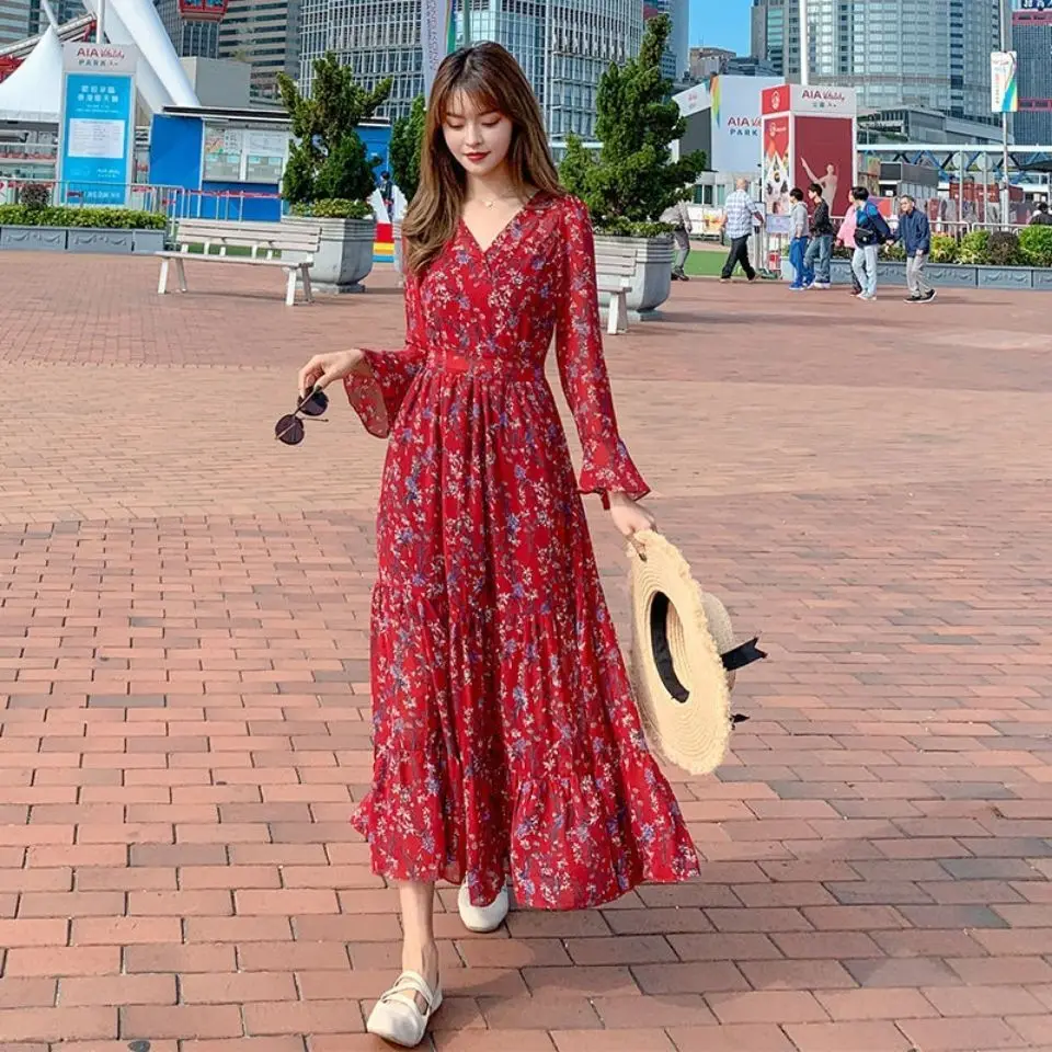

Spring Summer Print Korean Bohemian Chiffon Dress Unif Women Flower Casual Party Flare Sleeve Sexy Dresse Dress Boho Dresses