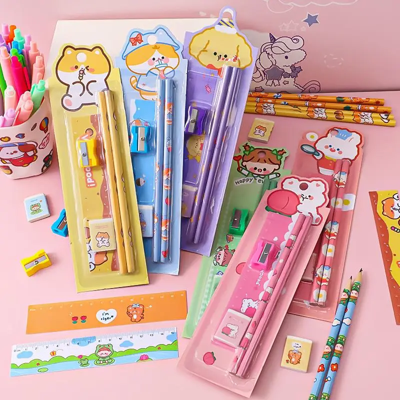 

Cartoon Pencil Set Student Stationery Kawaii Ruler Eraser Pencil Sharpener Five Piece Children's Drawing Sketch School Supplies