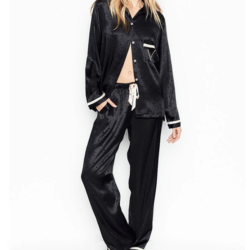 

Women's Stripes Pajamas Autumn and Winter Pajama Set Satin Home Sexy Night Wear Casual Clothes Silk Cardigan Long Sleeve Women's