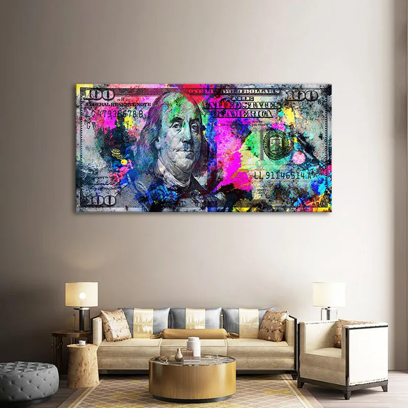 

Trendy Wall Art Gold Modern Popular Colorful Hundred Money Canvas Painting Street Art Abstract Poster Wall Picture Home Decor