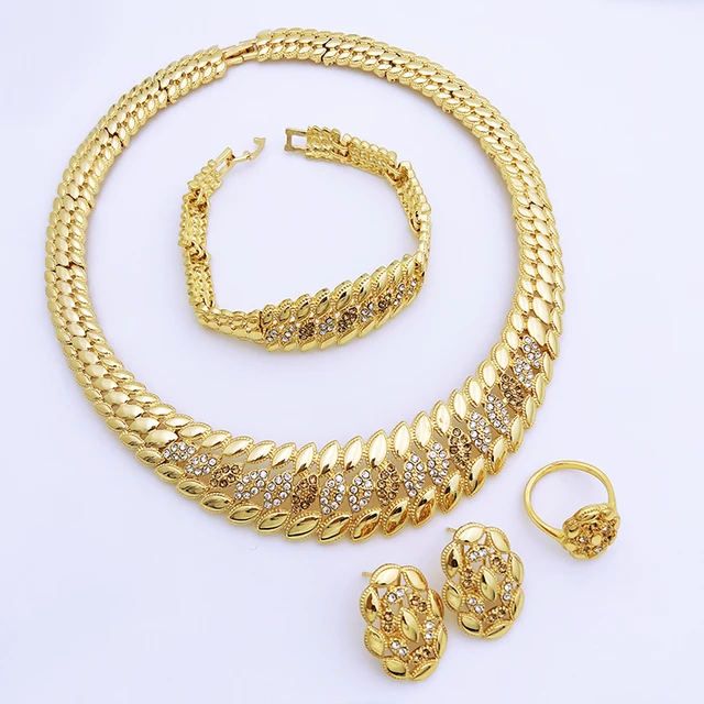 Brazil Gold Color Jewelry Sets For Women Dubai Fashion Necklace Earrings Ring Bracelet Set Bride Wedding Party Gift 6