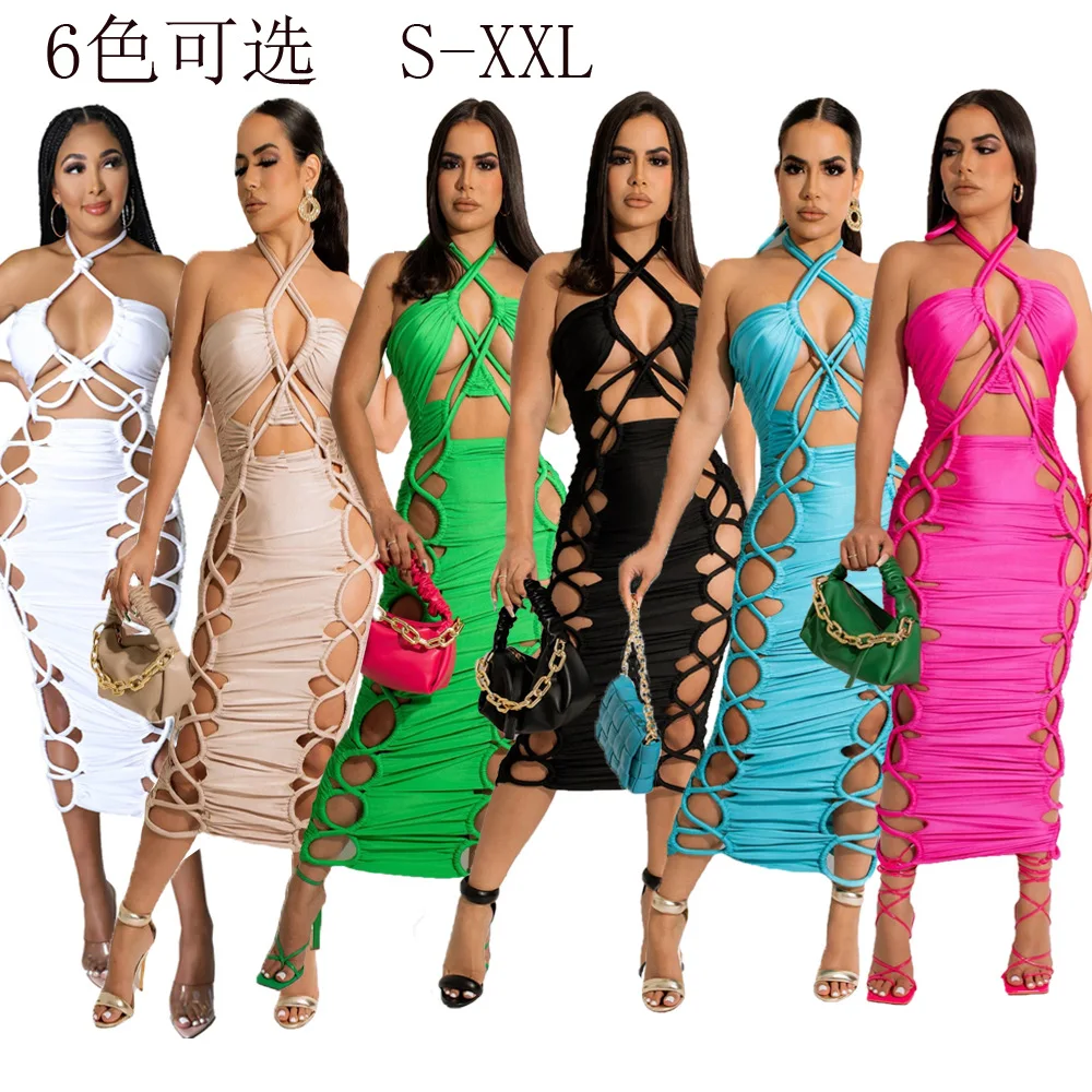 

Casaul Women Long Dress Hollow Out Halter Solid Color Party Night Clubwear Sleeveless Dresses For Women Vestidos