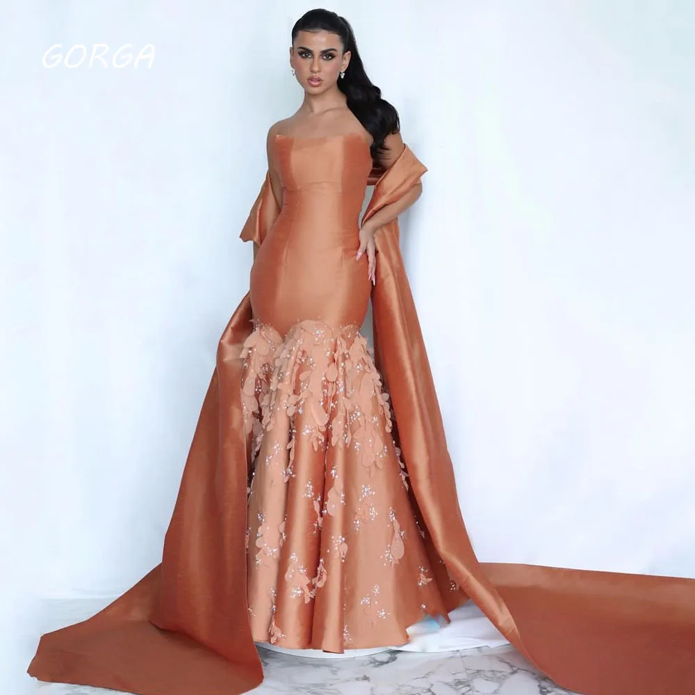 

GORGA Strapless Satin Appliques Mermaid Evening Dresses Saudi Arabia Long Shawl Formal Occasion Dress Floor-Length Party Gowns