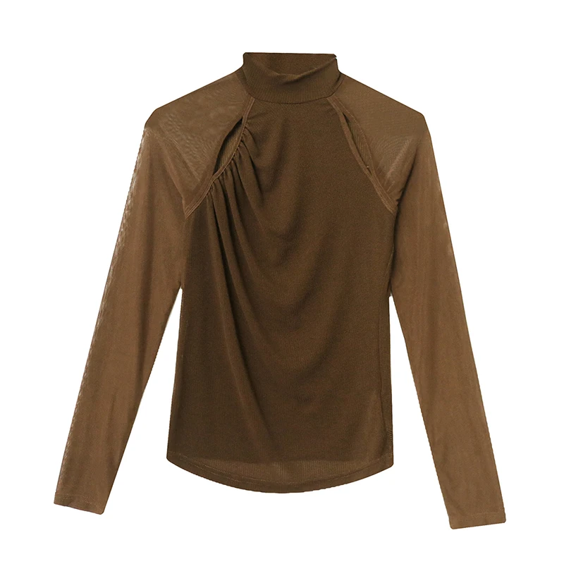 Женская футболка с длинным рукавом черная сетчатая высоким воротником и