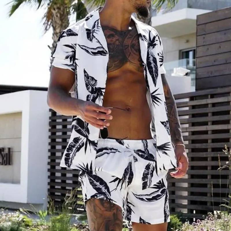 

Мужской пляжный костюм с принтом перьев, гавайская рубашка с короткими рукавами на пуговицах и шорты, комплект из двух предметов для отдыха и путешествий, лето 2023