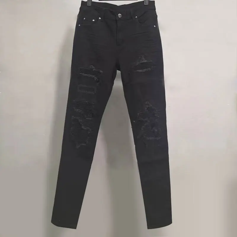

Ripped Hole Design Stretchy Jean Hip Hop Style Trousers For Men Black Crinkled Panel Jeans Top Quality Pantalon Vaqueros Hombre