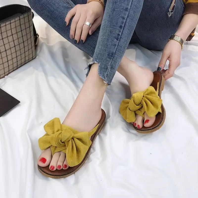 2023 New Women Summer Casual Slides Comfortable Flax Slippers Striped Bow Flip Flops Platform Sandals Ladies Indoor Shoes
