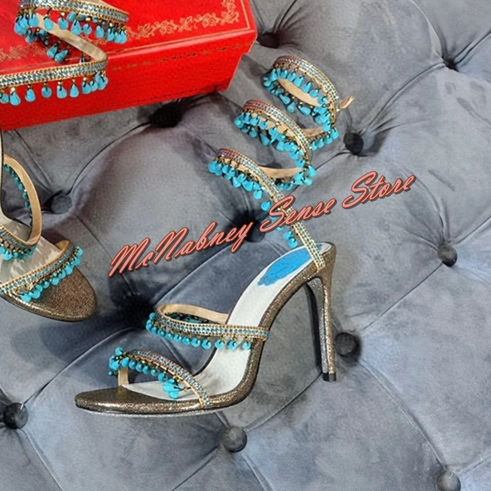 Blue Bead Fringe Sandals Snake Wrapped Slip On Thin High Heels Women Shoes Open Toe Bare Heels Mixed Colors Sandals Summer Party