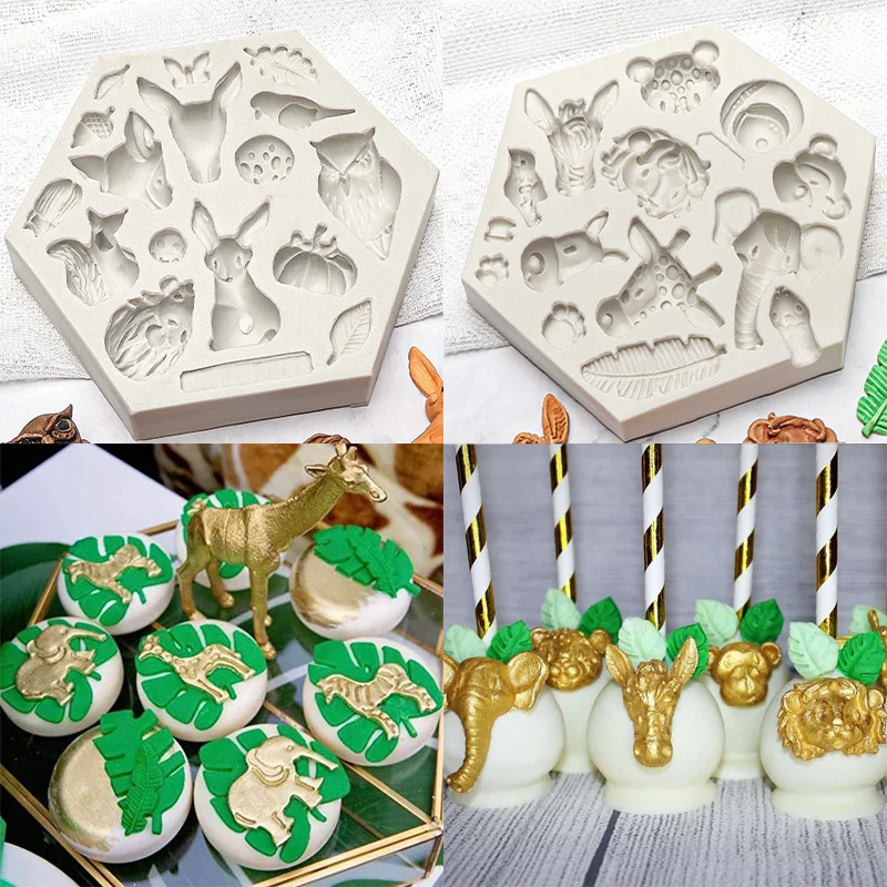 

Jungle Safari Silicone Fondant Mold 3D Forest Animal Palm Leaves Shape Cake Mould Baby Shower wild one birthday cake decorations