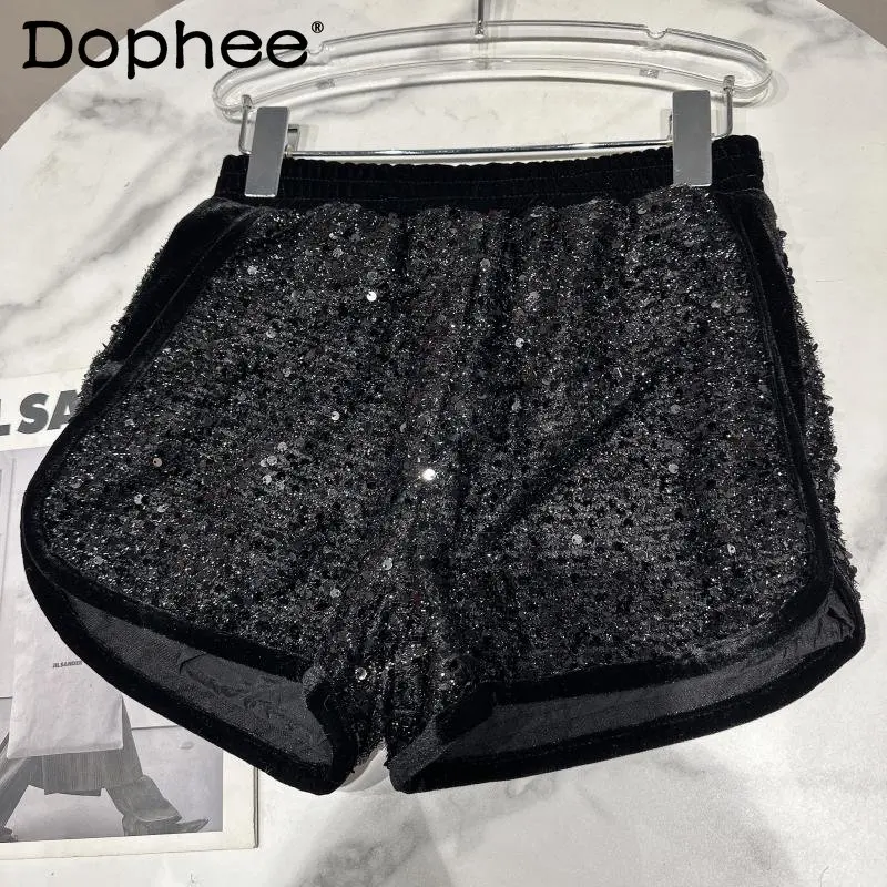 

2022 Winter New Hot Girl Socialite Sequined Shorts Women Elastic Waist Black Velvet Edge Stitching Shorts Hot Pants High Street