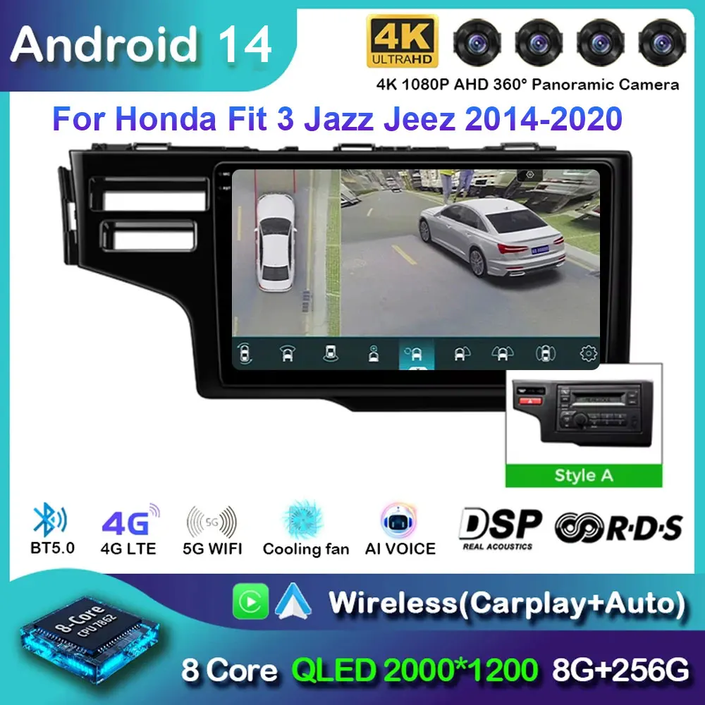Автомобильный радиоприемник Android 14 для Honda Fit 3 Jazz Jeez 2014-2020 Стерео Мультимедийный
