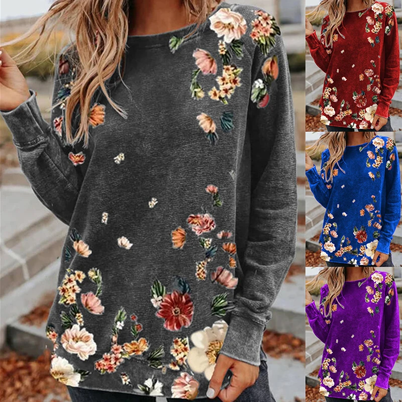 

Elegant Pullover O Neck Loose Blouse Women Casual Harajuku Spring Autumn Shirts Tops Vintage Floral Print Long Sleeve Blusas 2XL