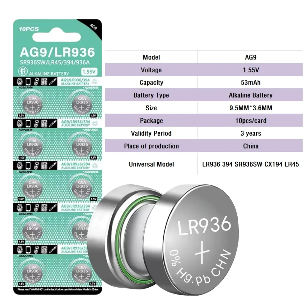 Фото 10-100 шт. AG9 LR936 394 SR936SW CX194 LR45 1,55 В кнопочные батарейки G9A 194 394A SR936 L936F Cell Coin Watch Toys Дистанционная батарея №2