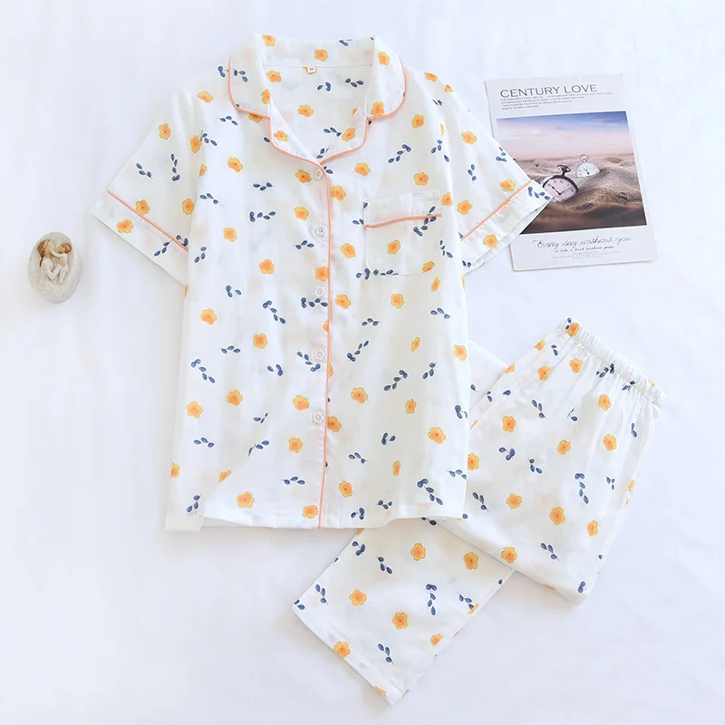

Summer Cotton Pajamas Set Double-layer Gauze Lapel Short-sleeved Trousers Woven Spring/autumn Thin Ladies Home Clothes Two-piece