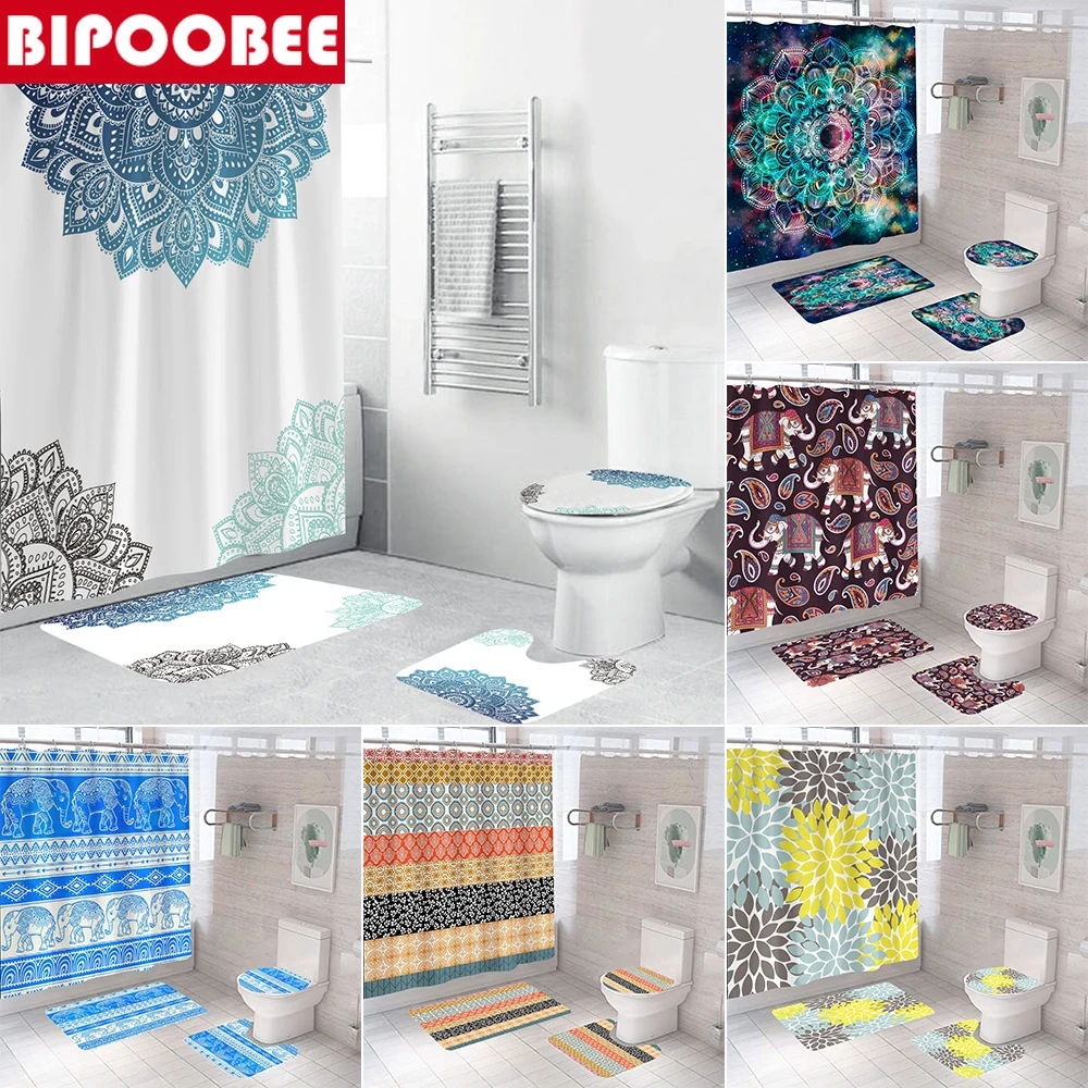 

Занавеска для душа в богемном стиле с принтом слона из полиэстера, занавеска для ванной s, коврик для ванной, нескользящий коврик и чехол для ...