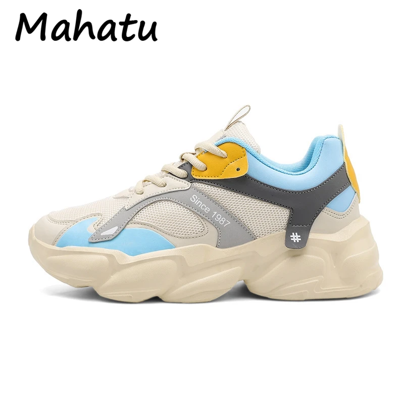 

Spring Unisex Mesh Breathable Men Running Shoes Women Thick Sole Breathable Walking Sports Shoes Platform Chunky Casual Sneakers
