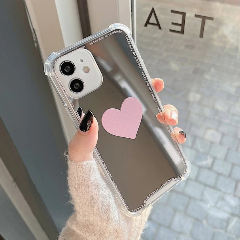 

Cute Pink Love heart Makeup Mirror Clear Phone Case For iPhone 13 11 12 Pro X XR XS Max 13MINI 7 8 Plus Shockproof Cartoon Cover