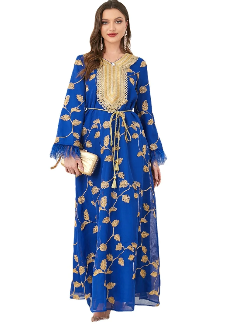 Ramadan Abaya Appliques Lace Tape V-Neck Islamic Dresses Guipure Lace Insert Belted Kaftan Feathers Sleeves Gorgeous Party Style