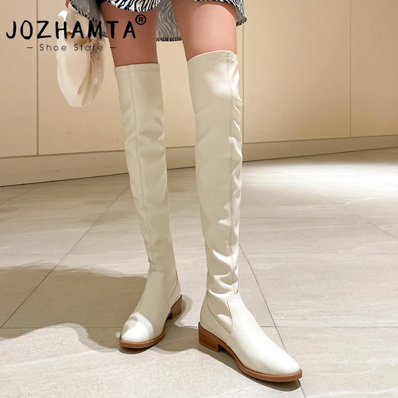 

JOZHAMTA Size 33-39 Thigh High Boots Women Real Leather Thick Heels Winter Shoes For Women Elastic Long Boots Over Knee Casual