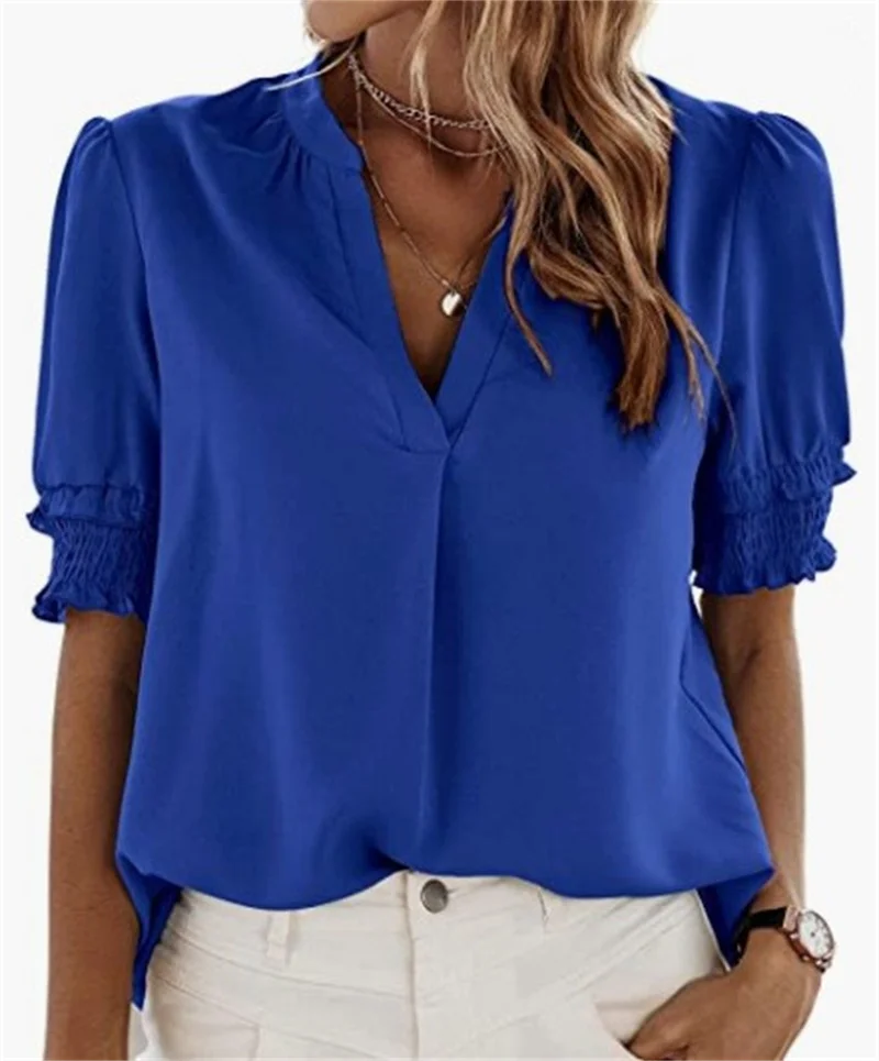 

Elegant Bubble Sleeve Pleats Shirt Female Comfortable Commuter V Neck Chiffon Blouse Women Summer Solid Color Daily Casual Tops