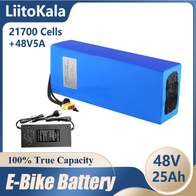

Литиевый аккумулятор LiitoKala, 48 В, 25 Ач, 21700, 5000 мАч, 13S5P, 48 В, 25 Ач, 1500 Вт, батарея для электрического велосипеда со встроенным разъемом 30A BMS T XT90
