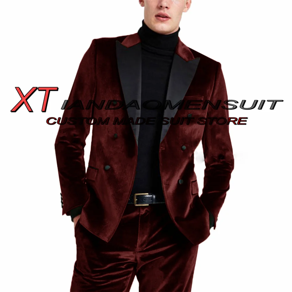 

Men's Suit Velvet Double Breasted Jacket Pants 2 Piece Wedding Groom Tuxedo Point Lapel Blazer Set conjuntos de chaqueta