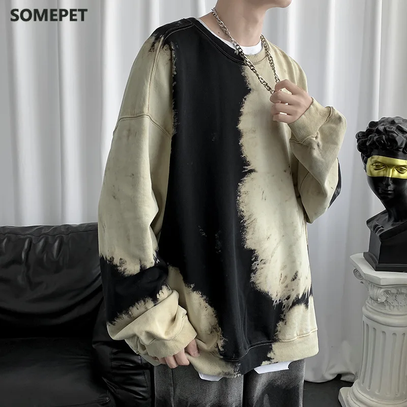 Мужские толстовки без капюшона с принтом тай-дай Подростковая уличная