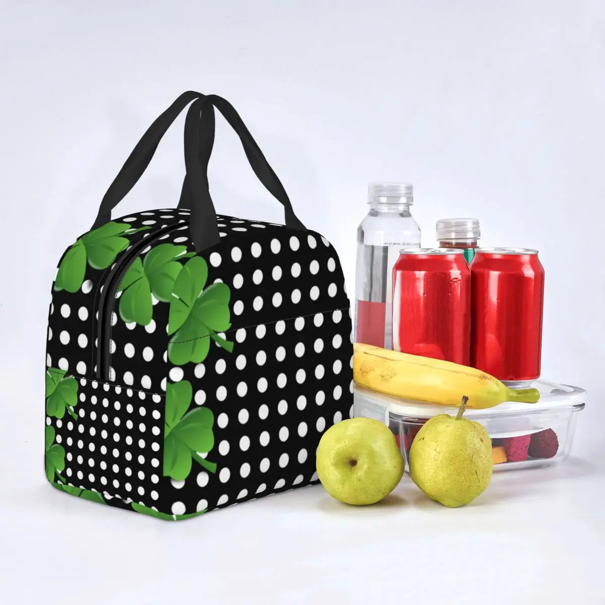 

Black White Polka Dot Lunch Bag with Handle St Patricks Day Irish Shamrocks Beach Cooler Bag Clutch Aluminium Cute Thermal Bag