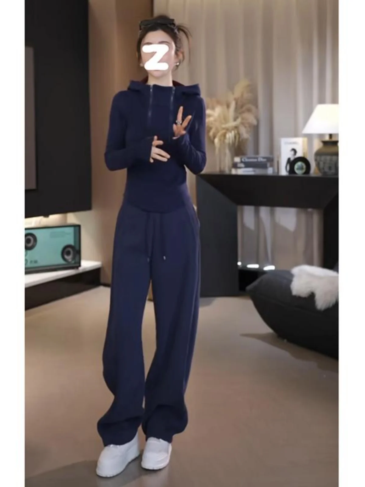 Plus Size Navy Blue American Drape Straight Pants Loose Sweat pants Women High Waist Slimming Casual Wide Leg Sweatpants Wint...