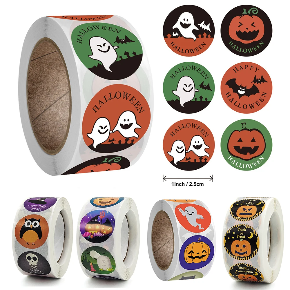 

500pcs 2.5cm Halloween Pumpkin Skeleton Round Label Sticker DIY Decorative Envelope Sealing Candy Bag Sticker Halloween Decor