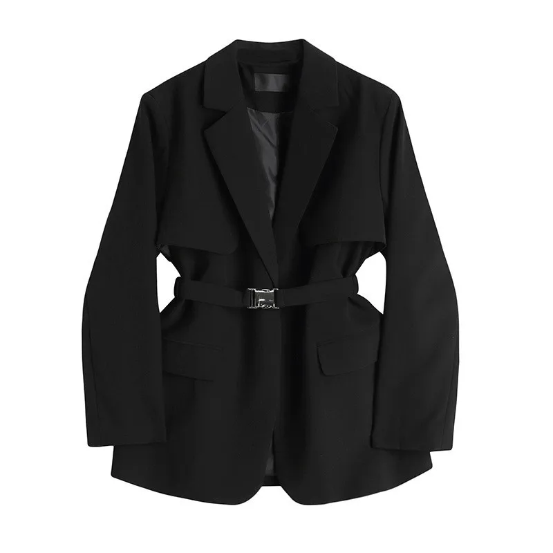 

Spring Autumn Women Blazers Coffee Color Black With Sashes Loose Casual Notched Collar Long Sleeve Suit Jacket Female Outerwear