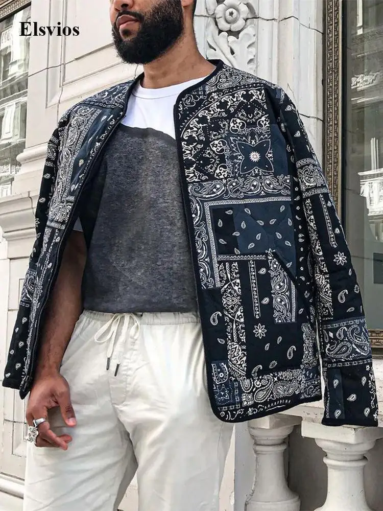 

2022 Vintage Pattern Print Mens Jacket Casual O-Neck Long Sleeve Outerwear Coats For Men Spring Fashion Cardigan Tops Streetwear