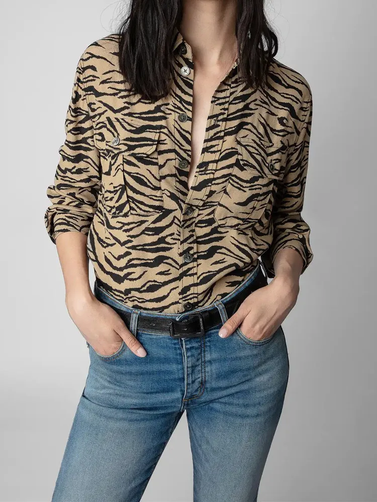 

Женская винтажная рубашка в полоску с принтом тигра, Новая женская однобортная блузка с отложным воротником и длинными рукавами с карманами, новинка 2022