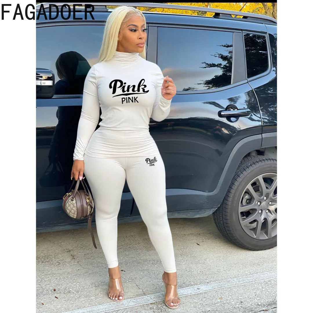 

Сексуальный облегающий женский спортивный костюм FAGADOER, Женская водолазка, розовый топ с надписью и леггинсы, комплект из двух предметов, 2022