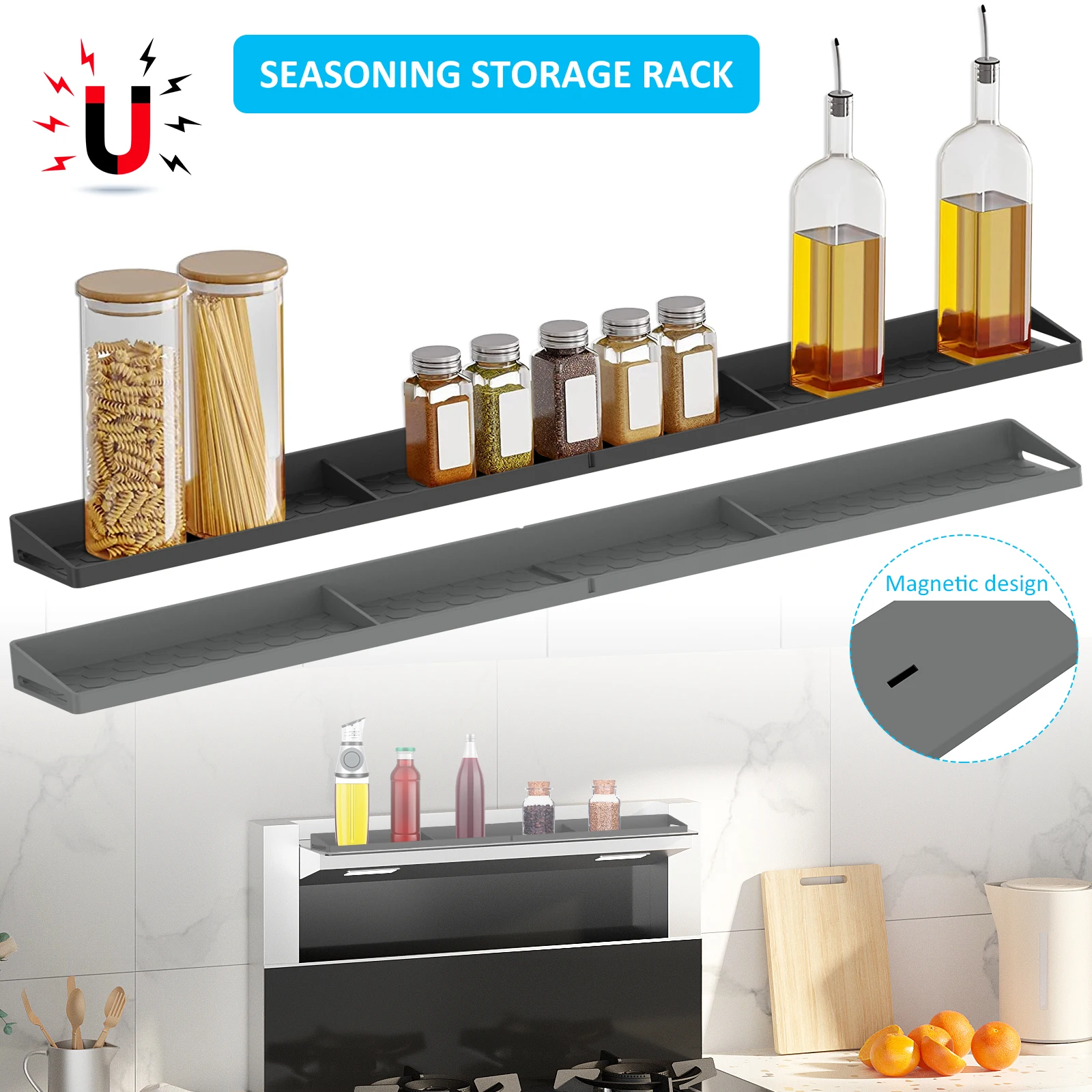 

Magnetic Shelf for Stove Top 30 Inch Silicone Shelf Over the Stove Heat Insulated Kitchen Spice Rack Non-Slip Spice Storage