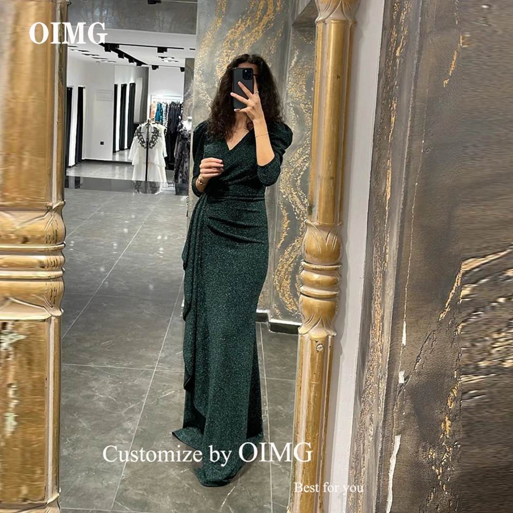 

OIMG Modest Glitter Dark Green Evening Dresses Long Sleeves V Neck Ruffles Dubai Arabic Women Shiny Prom Gowns Formal Event 2023