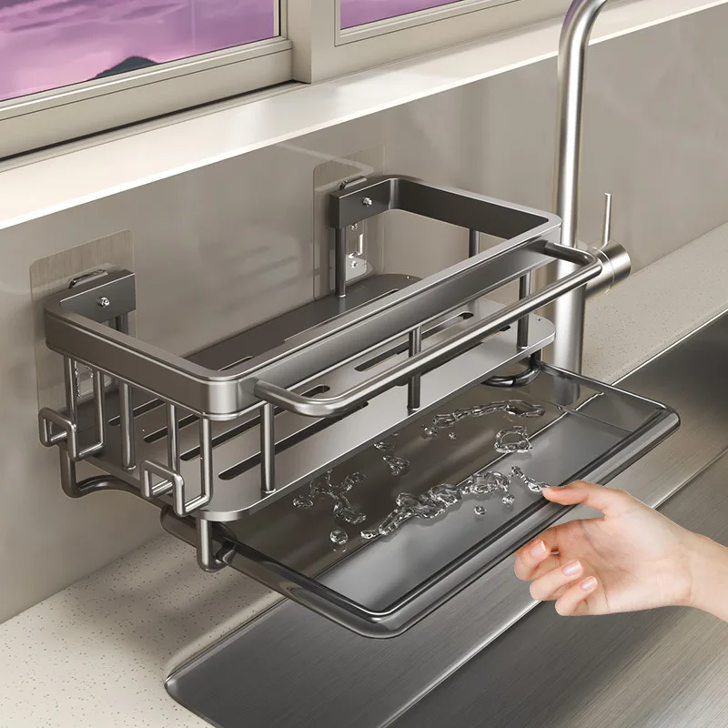 

Kitchen Sink Drain Rack Space Aluminum Thickened Non-punching Storage Rack Sink Sponge Drain Hanging Basket Kitchen Accessories