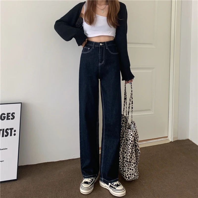 N1687   New high-waisted dark straight-leg jeans women's slim and long legs loose trousers jeans