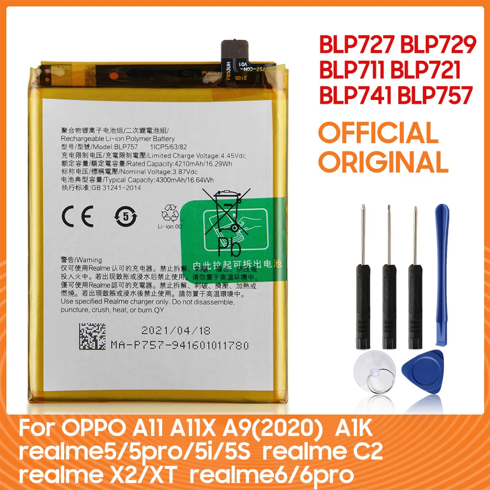 

Original Replacement Battery BLP711 BLP741 BLP757 BLP721 BLP729 BLP727 For Oppo Realme A1K A11 A11X A9C2 X2 XT 5 6 pro/5i/5S