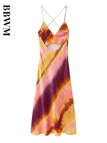 2023 Summer New Fashion Satin Underwear Style Strap Dress V Neck Vintage Sleeveless Backless Chic Female Beach Midi Dresses