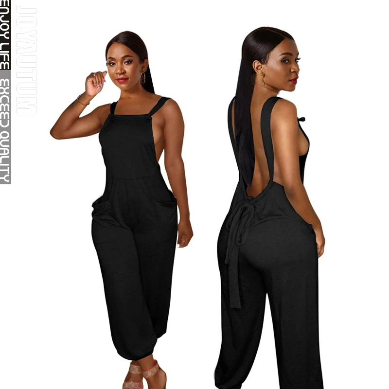 

European and American lace up sexy new women's clothing solid color backless trend loose casual strap jumpsuit