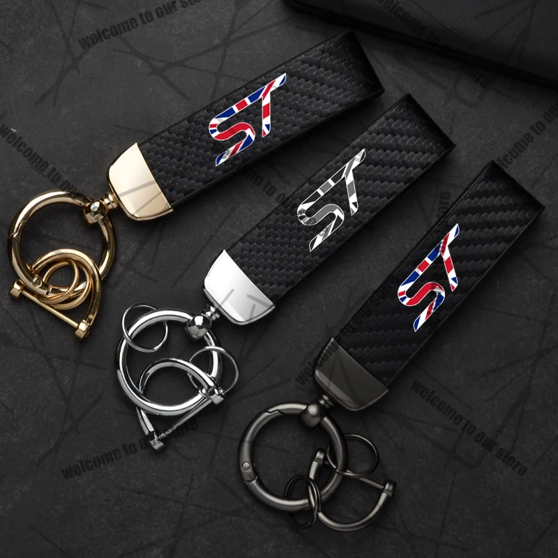 Фото Автомобильный брелок ST Union Jack с логотипом из углеродного волокна, кожа, эмблема из цинкового сплава для Mondeo Fusion Fiesta Focus MK4, аксессуары для ключей №1