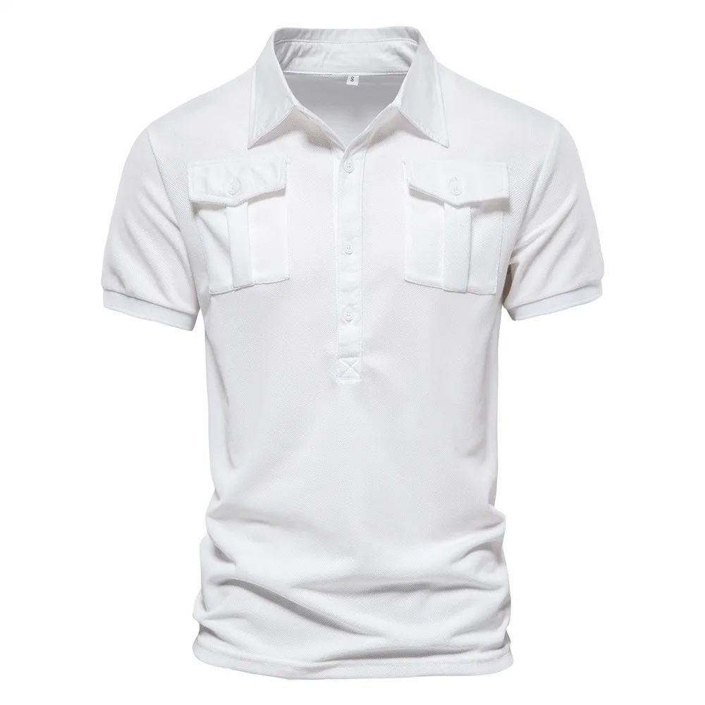 

Мужская Однотонная рубашка-поло с коротким рукавом и воротником с карманами