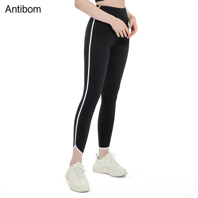 

Antibom 2022 Summer High Waist Elastic Sports Pants Women Hip Lift Fitness Workout Tight Ribbed Nude Yoga Leggings