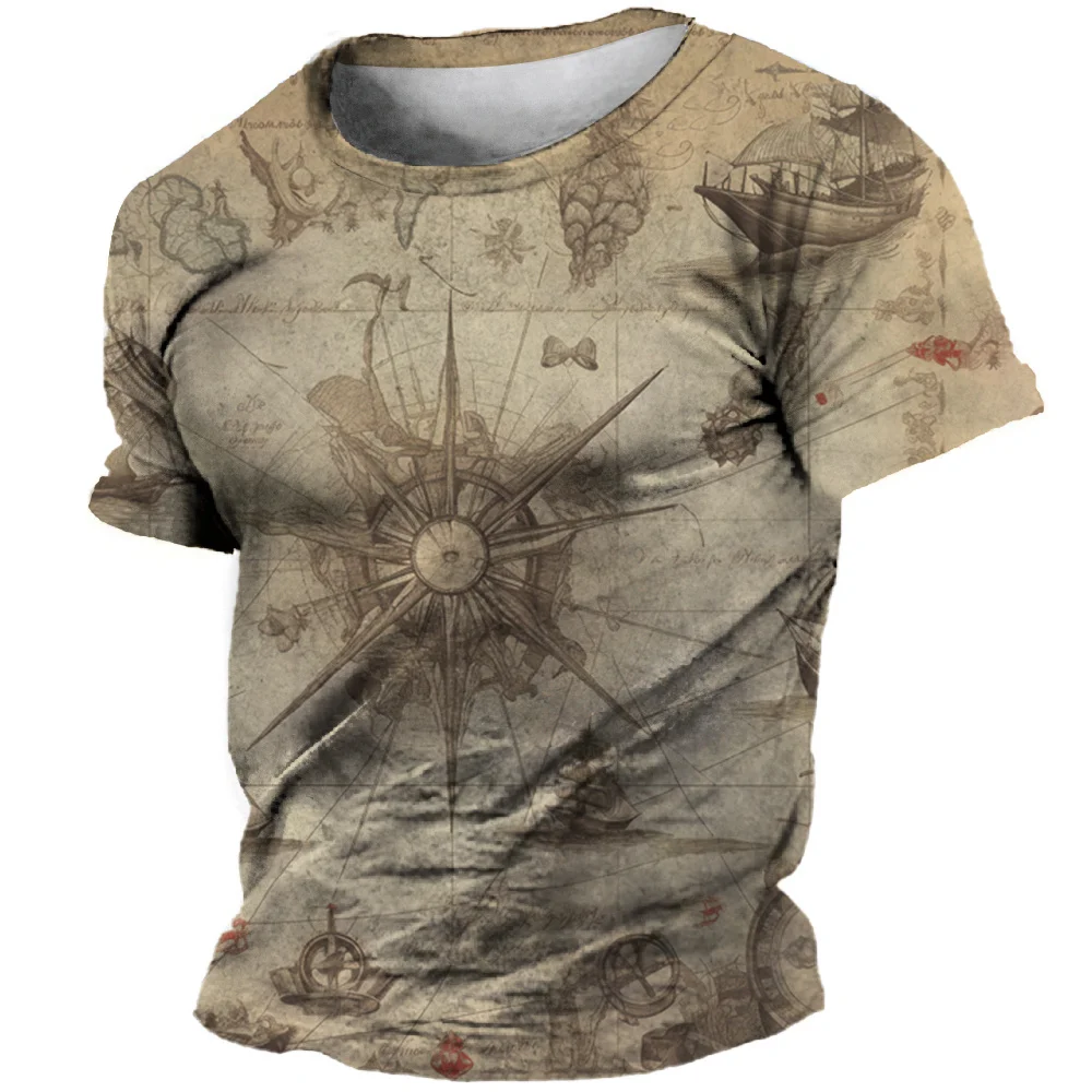 

Summer Vintage T-shirt For Men 3D Compass Print Sailboat Pattern Tops Crewneck Short Sleeve T-Shirt Fashion Loose Men's Clothing