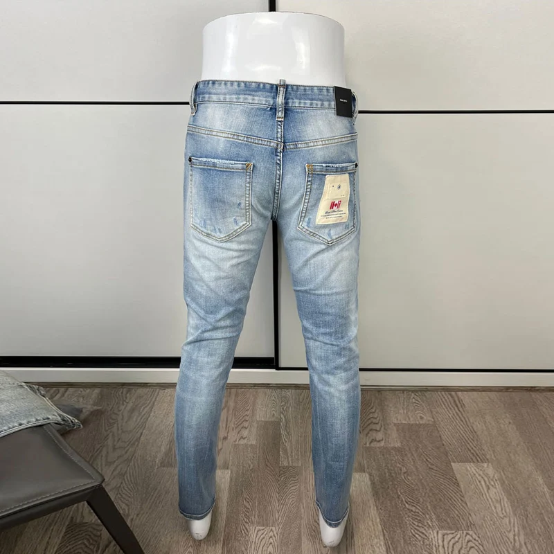 Street Fashion Men Jeans High Quality Retro Light Blue Elastic Slim Ripped Jeans Men Vintage Designer Denim Brand Pants Hombre