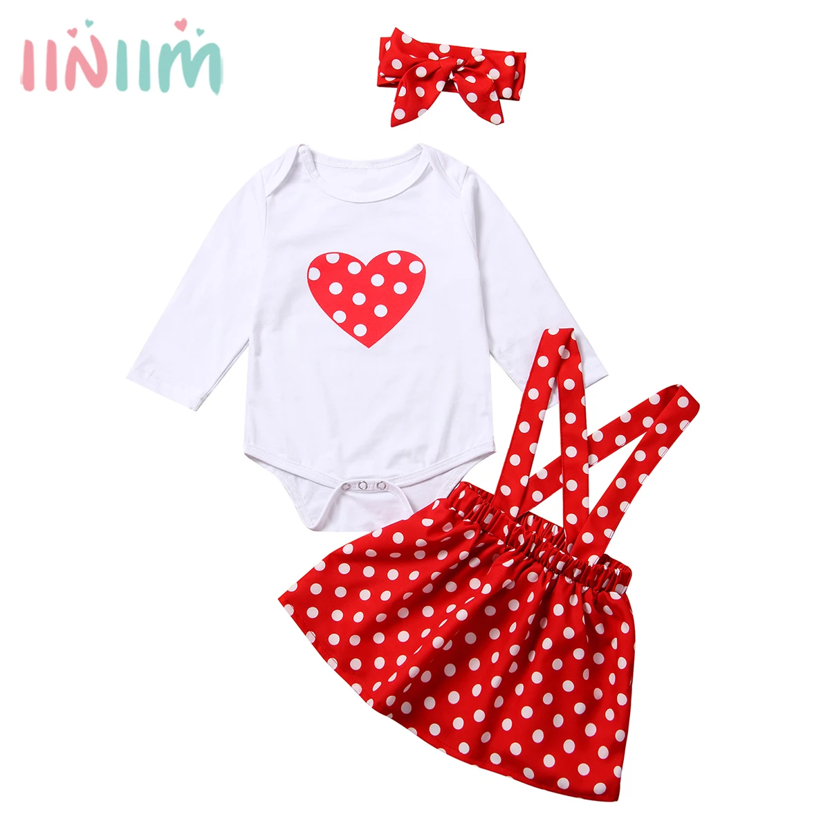 

Autumn 3Pcs/Set Infant Baby Girl Valentine's Day Clothes Long Sleeve Romper Top+Red Polka Dot Suspender Skirt+Headband 0-24M