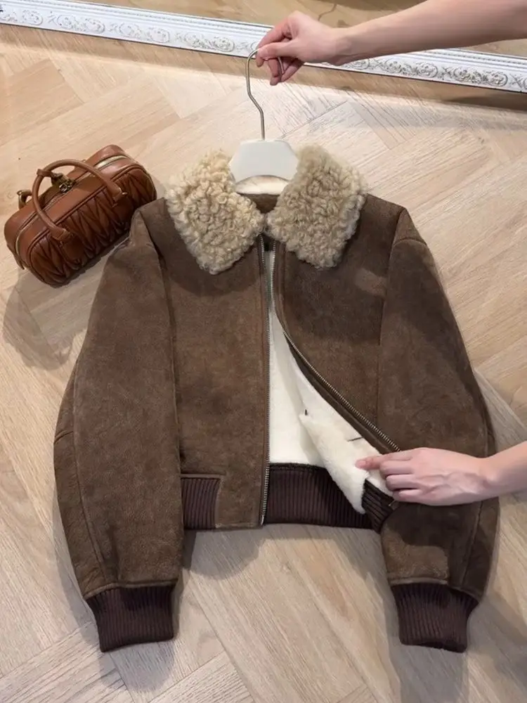 Корейское повседневное 2024 зимнее короткое пальто из овечьей шерсти в стиле ретро