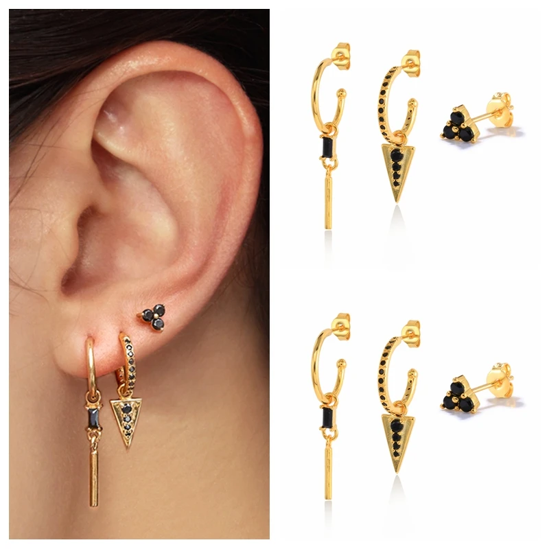 

BOAKO Black Zircon 3Pcs Set Earring For Women Серьги 2022 Silver Plated Kraakbeen Pendientes Mujer 2022 Trend Jewelry Gift
